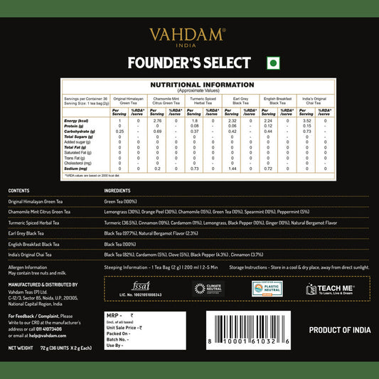 【VAHDAM】 Founder's Select, Assorted Tea Bags | 6 Variants, 36 Count|ファウンダーズセレクト アソート ティーバッグ(6種)|36 Count