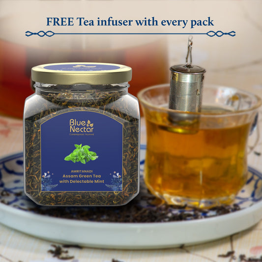 Mint Green Tea for Refreshment | Air-Tight Glass Jar with Free Tea Infuser (50 g + 15 g Free | 33 cups) 50g