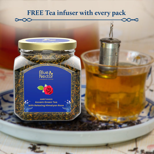 Himalayan Rose Green Tea for Relaxation | Air-Tight Glass Jar with Free Tea Infuser (65 g | 33 cups) 65g