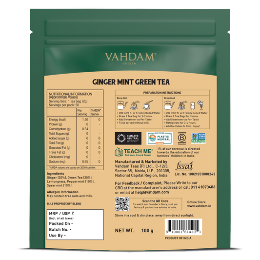 【VAHDAM】 Ginger Mint Green Tea, 50 Count|ジンジャー ミントグリーン|50 Count