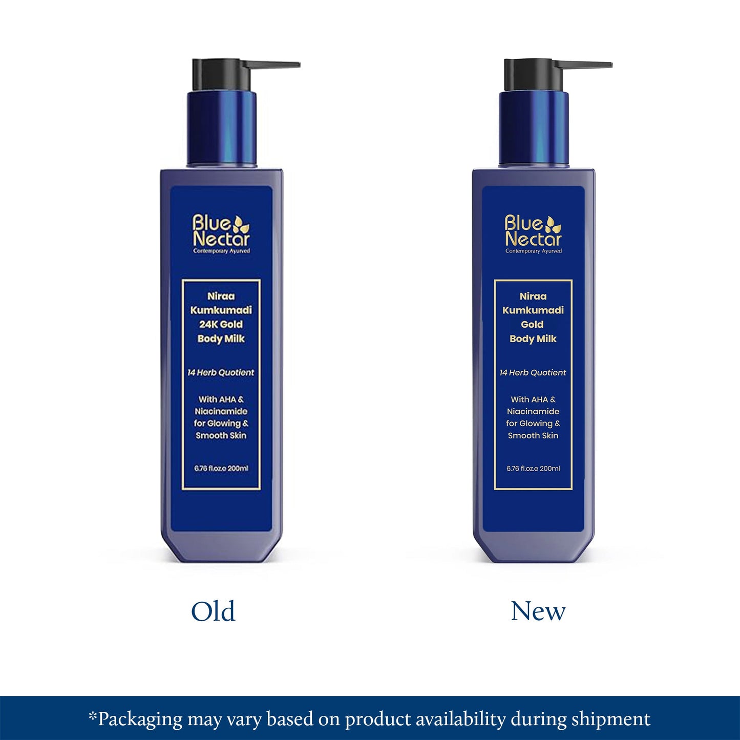 Niraa 24K Gold Body Milk Lotion with AHA, Niacinamide & Milk Protein for Glowing Skin (14 Herbs) 200ml