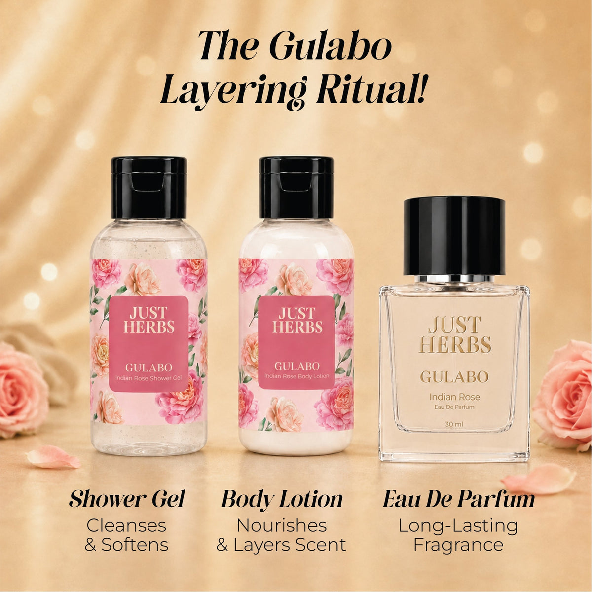 【Just Herbs】Gulabo Indian Rose Bath & Body Gift Set|グラボ インディアンローズ バス&ボディ ギフトセット(3 点)