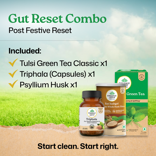Gut Reset Combo -Tulsi Green Tea, Triphala Capsules & Psyllium Husk