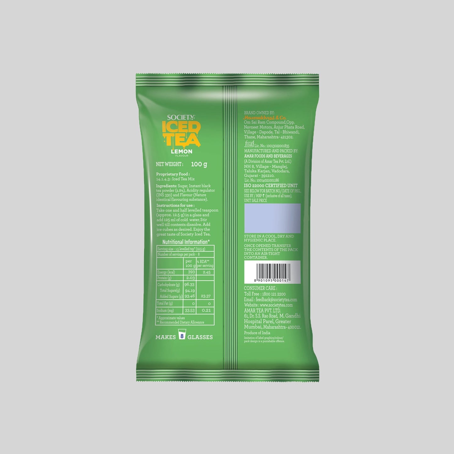 Society Iced Premix Tea Lemon Green 100g Pouch - Pack of 10 100 g x 10