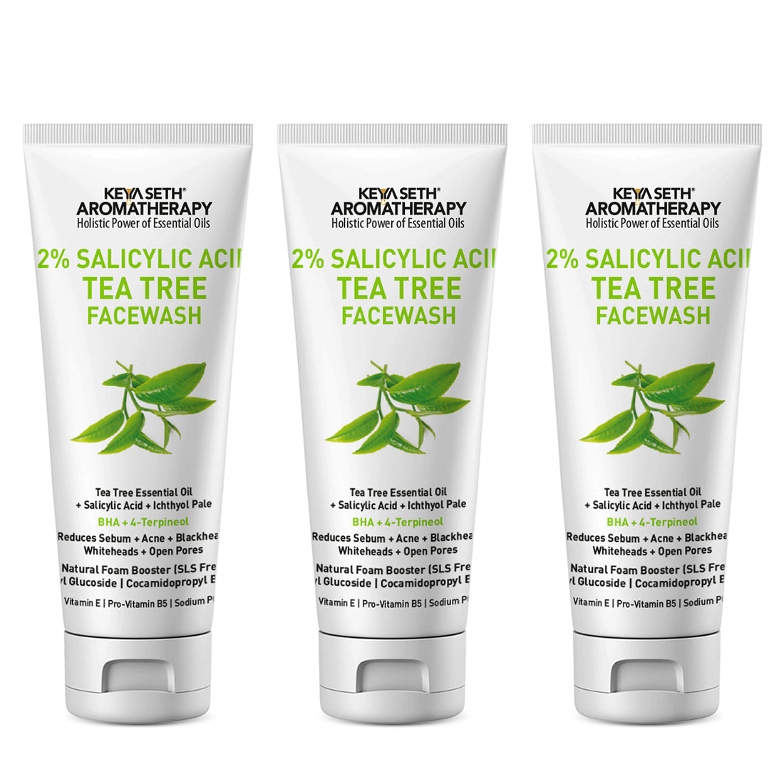 2% Salicylic Acid Tea Tree Facewash, BHA + Terpineol, Natural Glucoside Foaming, Acne, Blemishes, Blackheads, Whiteheads & Open Pores, Hyaluronic Acid 100ml x 3