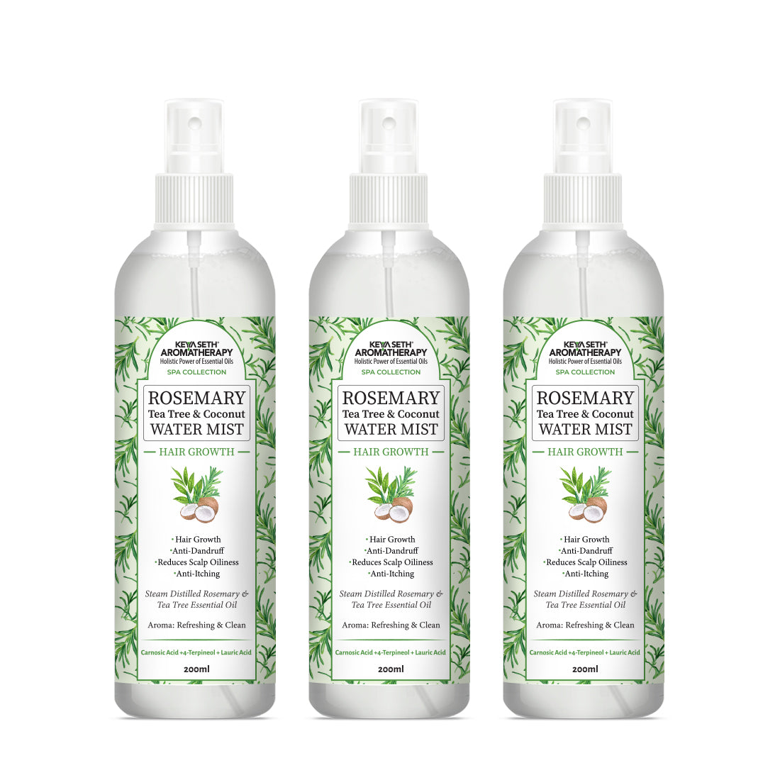 Rosemary Tea Tree Coconut Water Mist Spray,Hair Growth,Reduces Dandruff Scalp Itching & Oiliness,Steam Distilled Essential Oil 200ml x 3