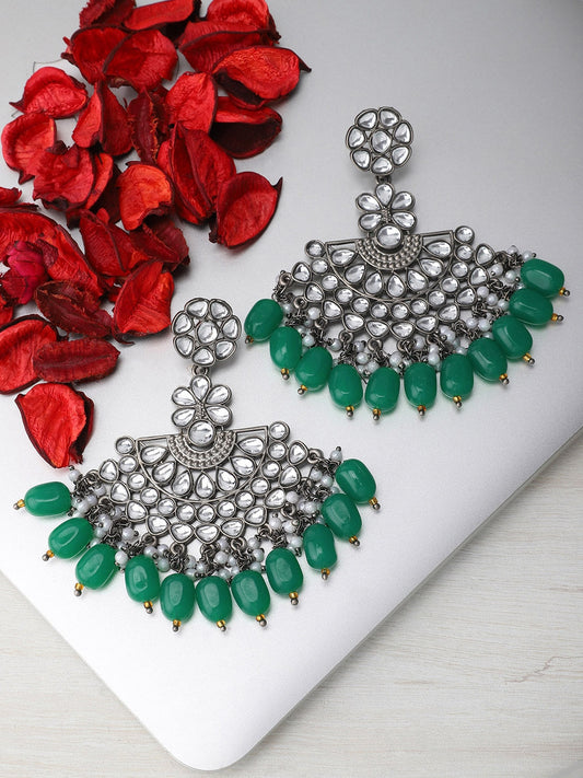 Rubans Black Metal Kundan Statement Chandbali Earrings Green