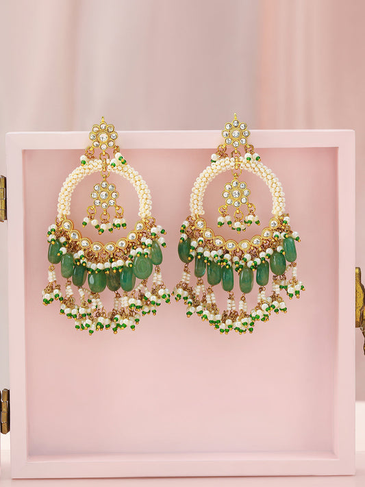 【Rubans】 22K Gold-Plated Heritage Pearl & Green Beads Chandbali Danglers|22K ゴールドメッキ パール&グリーンビーズ チャンドバリ ダングラー