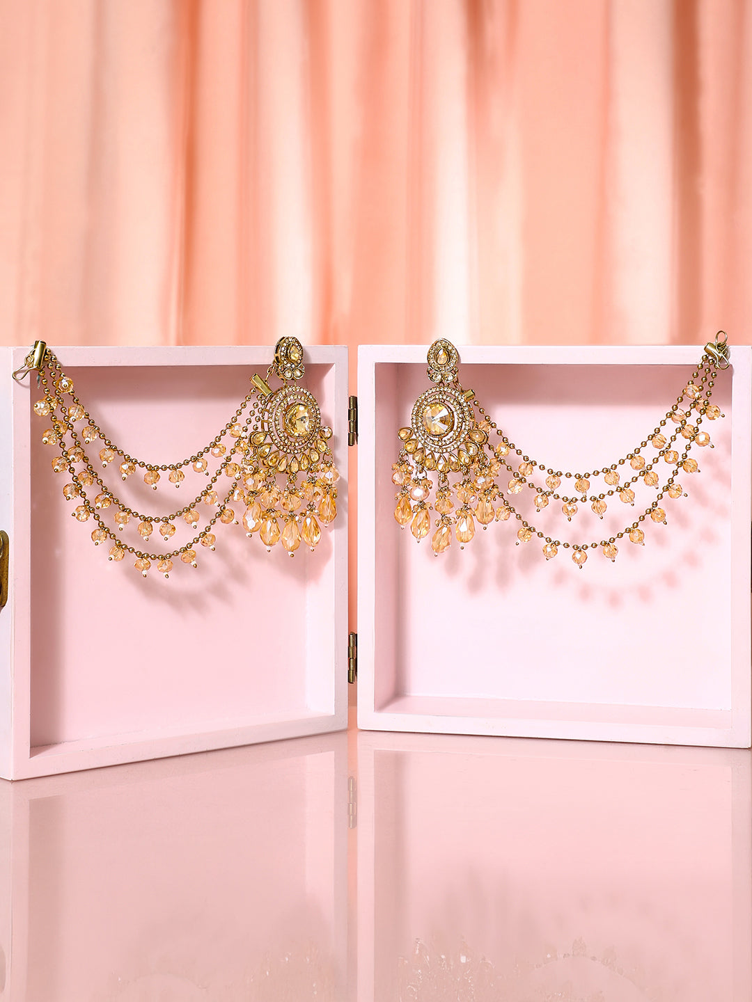 【Rubans】Gold Plated Kundan Drape Jhoomar Chain Earrings|ゴールドメッキ クンダン ドレープ ジューマー チェーンピアス