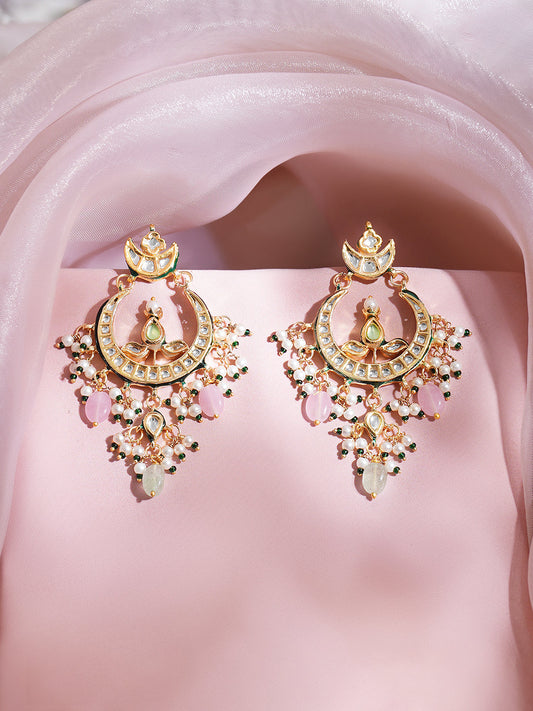 【Rubans】Gold Plated Kundan white pearls and cluster beads Chandbali Earrings|ゴールドメッキ クンダン ホワイトパール クラスタービーズ シャンドバリピアス(長さ 9.4cm)