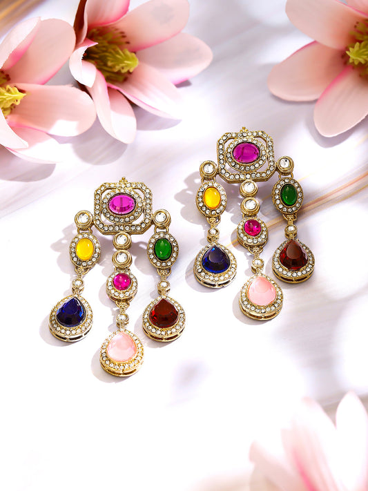 【Rubans】Gold Plated Rainbow Crystal Cascade Statement Drop Earrings|ゴールドメッキ レインボー クリスタル カスケード ステートメント ドロップピアス