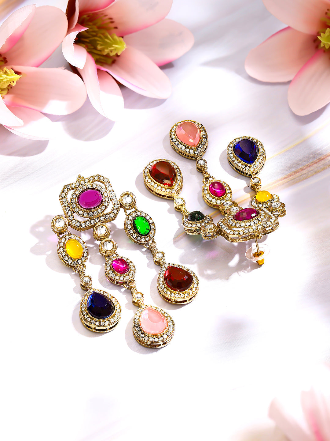 【Rubans】Gold Plated Rainbow Crystal Cascade Statement Drop Earrings|ゴールドメッキ レインボー クリスタル カスケード ステートメント ドロップピアス