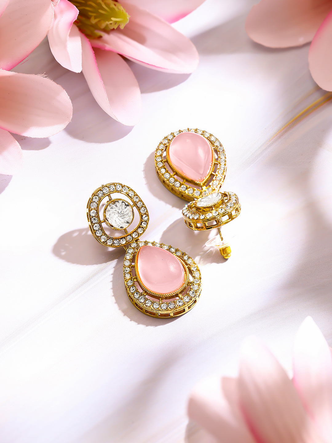 【Rubans】Gold Plated Blush Rose Polki Halo Teardrop Earrings|ゴールドメッキ ブラッシュローズ ポルキ ヘイロー ティアドロップピアス