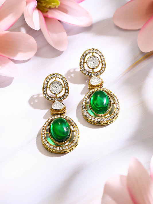 【Rubans】Gold Plated Emerald Regal Polki Halo Statement Drop Earrings|ゴールドメッキ エメラルド リーガル ポルキ ヘイロー ステートメント ドロップピアス