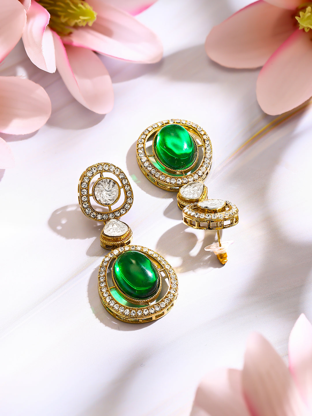 【Rubans】Gold Plated Emerald Regal Polki Halo Statement Drop Earrings|ゴールドメッキ エメラルド リーガル ポルキ ヘイロー ステートメント ドロップピアス