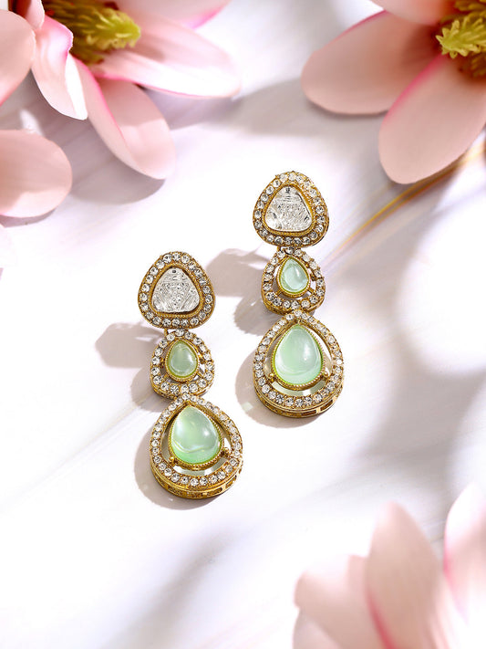 【Rubans】Gold Plated Pistachio Mint Polki Glow Triple Drop Earrings|ゴールドメッキ ピスタチオミント ポルキ グロウ トリプル ドロップピアス