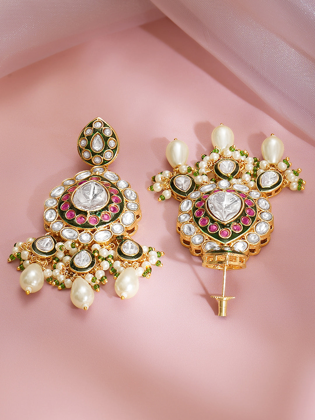 【Rubans】Gold Plated Royal Green Enamel Kundan Pearl Drop Earrings|ゴールドメッキ ロイヤルグリーン エナメル クンダン パール ドロップピアス