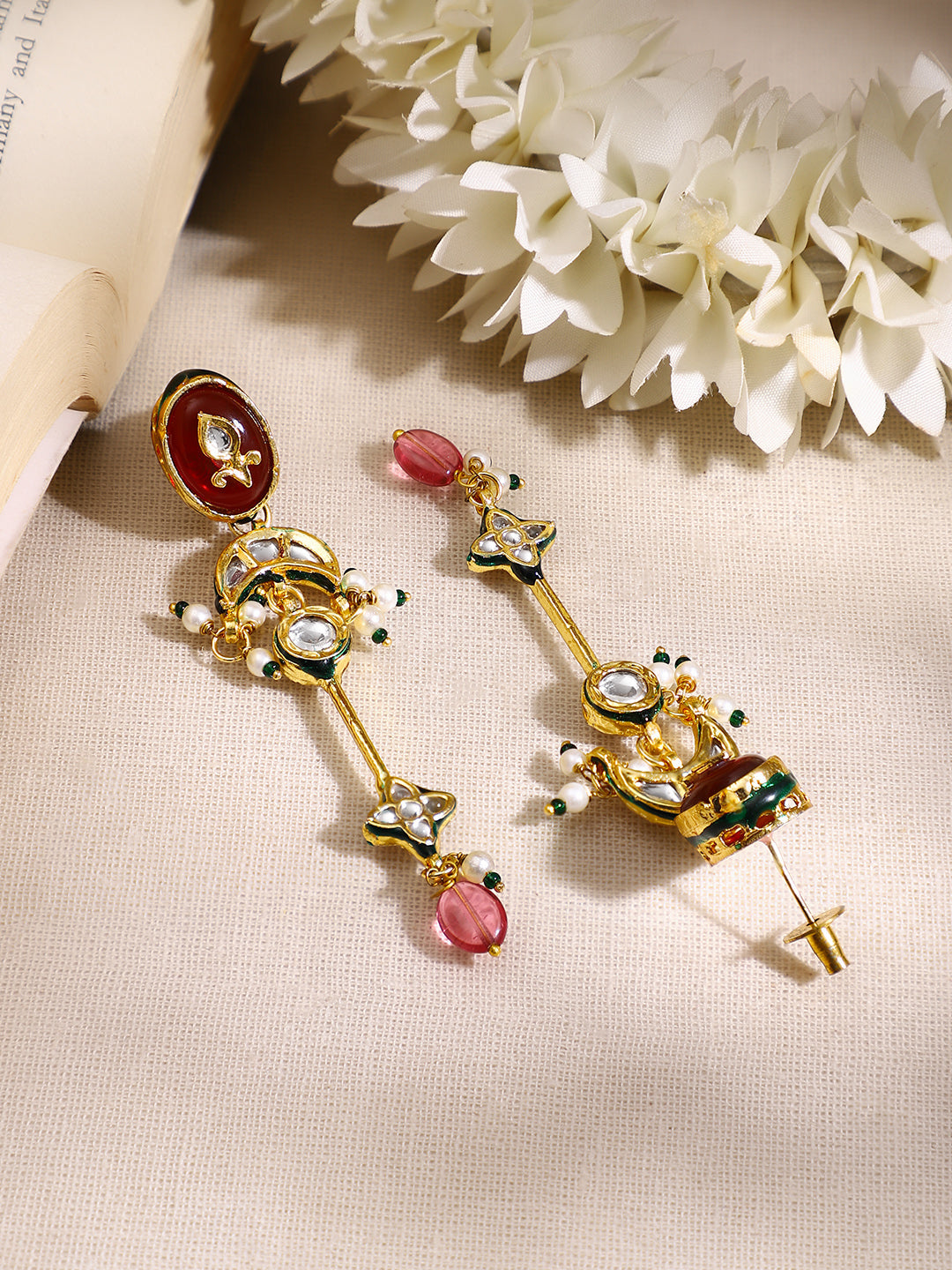 【Rubans】Gold Plated Red kundan dangler earrings|ゴールドメッキ レッド クンダン ダングラーピアス
