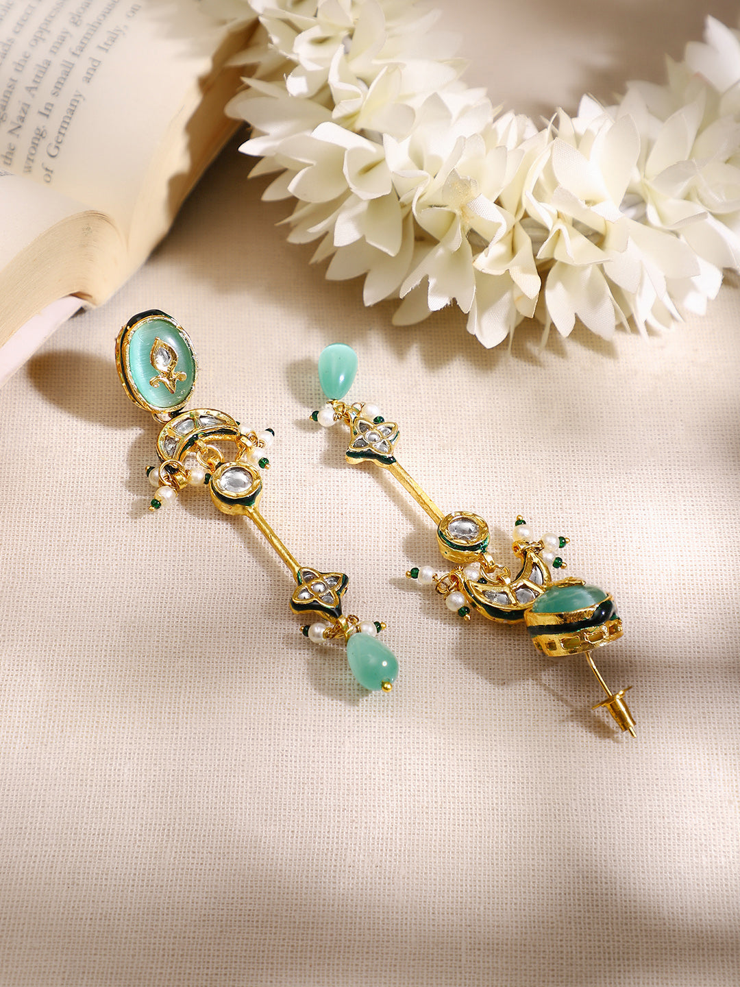 【Rubans】Gold Plated Green kundan dangler earrings|ゴールドメッキ グリーン クンダン ダングラーピアス