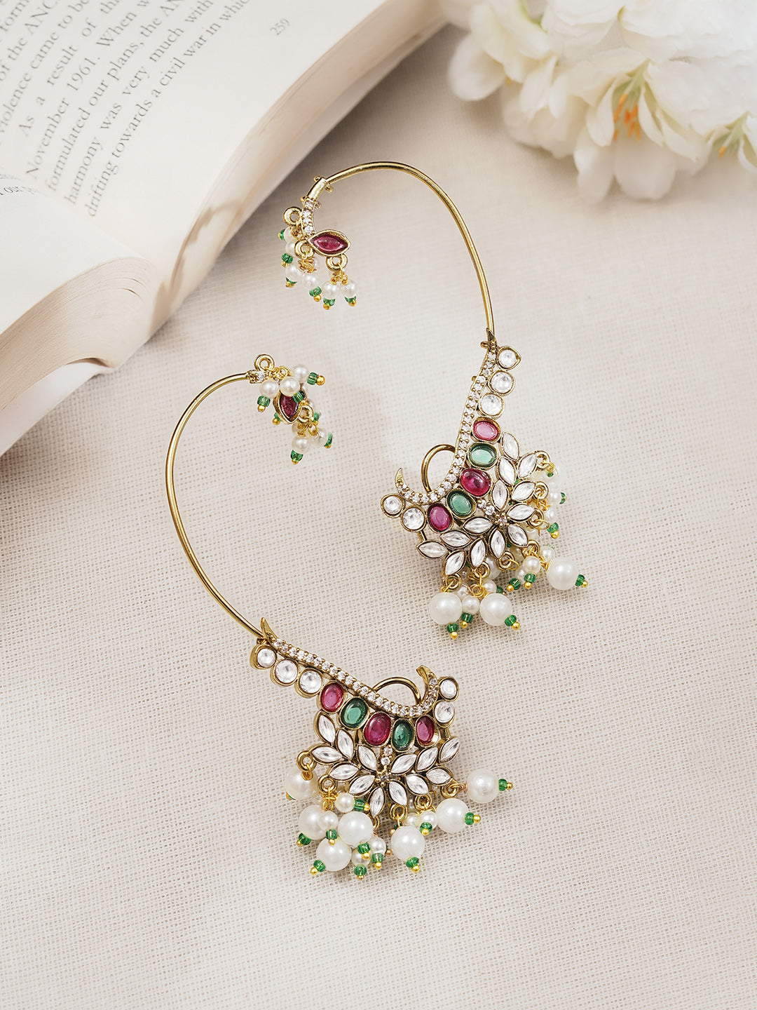 【Rubans】 Gold Plated Pearl Beaded Kundan Ear Cuffs|ゴールドメッキ パールビーズ クンダン イヤーカフ