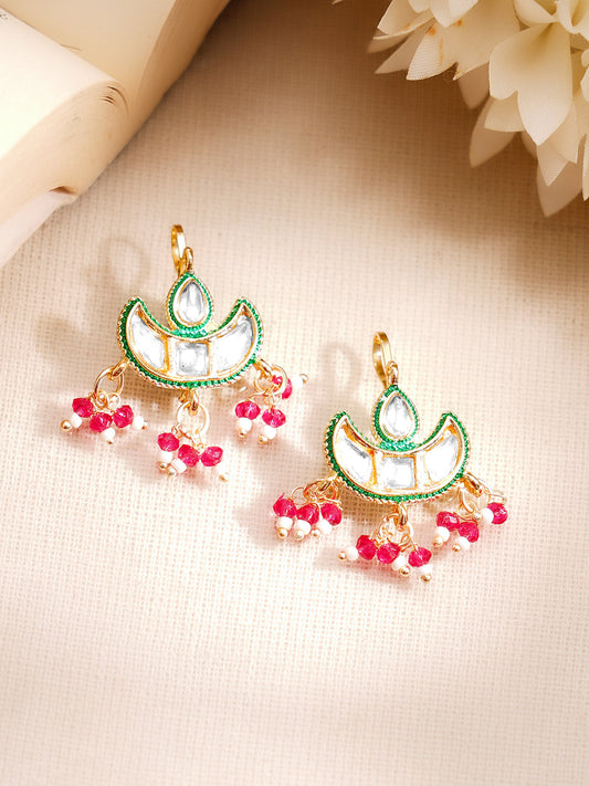 【Rubans】 Gold Plated Kundan Crescent Moon Beaded Drop Earrings|ゴールドメッキ クンダン クレセントムーン ビーズ ドロップイヤリング