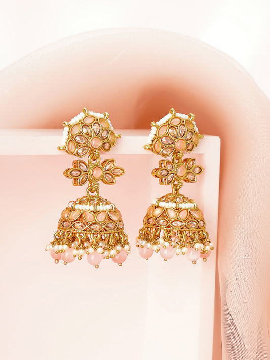 【Rubans】 Antique Gold Plated Pastel Pink Kundan Pearl Floral Jhumka Earrings|アンティークゴールド パステルピンク クンダン パール フローラル ジュムカ