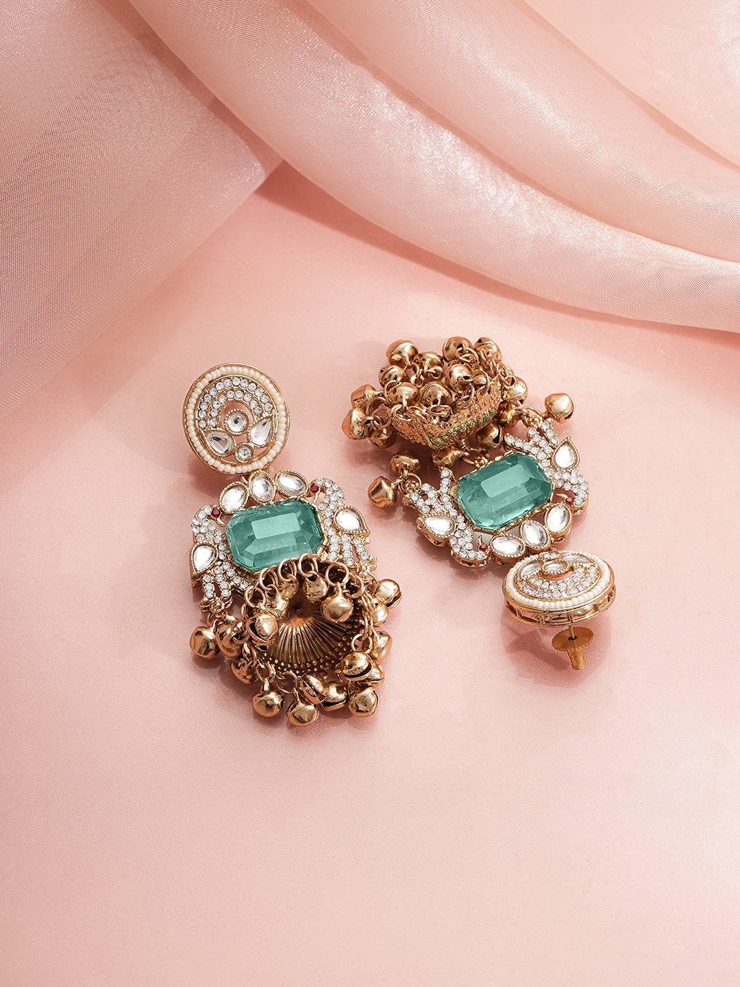 【Rubans】Gold Plated Emerald Whisper Kundan Pearl Chandbalis Earrings|ゴールドメッキ エメラルドウィスパー クンダン パール シャンドバリピアス