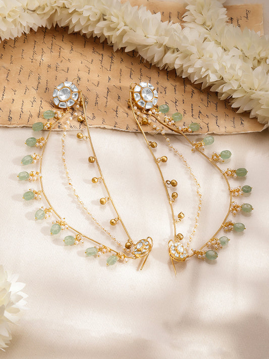 【Rubans】 Gold-Plated White & Mint Kundan Beaded Ear Kaan Chain Earrings|ゴールドメッキ ホワイト&ミント クンダン ビーズ カーンチェーン イヤリング