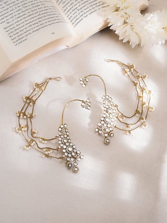 【Rubans】 Gold-Plated White Kundan Pearl Kaan Chain Earrings|ゴールドメッキ ホワイトクンダン パール カーンチェーン イヤリング