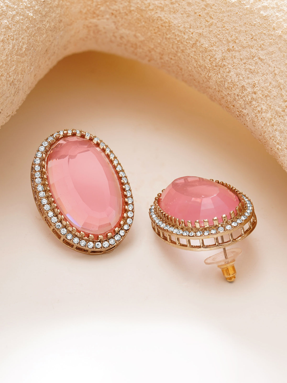 【Rubans】Gold Plated Blush Rose Halo Oval Statement Studs Earrings|ゴールドメッキ ブラッシュローズ ヘイロー オーバル スタッドピアス
