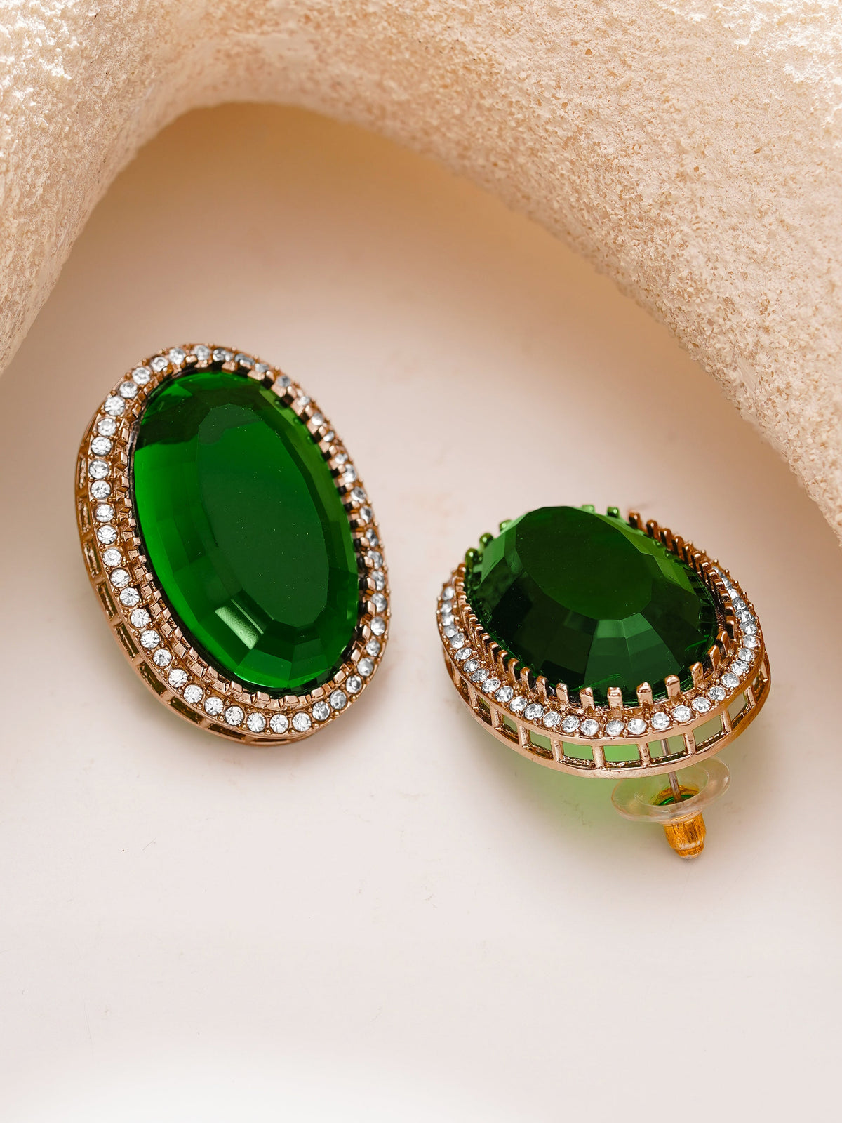 【Rubans】Gold Plated Emerald Crown Halo Oval Statement Studs Earrings|ゴールドメッキ エメラルド クラウン ヘイロー オーバル スタッドピアス