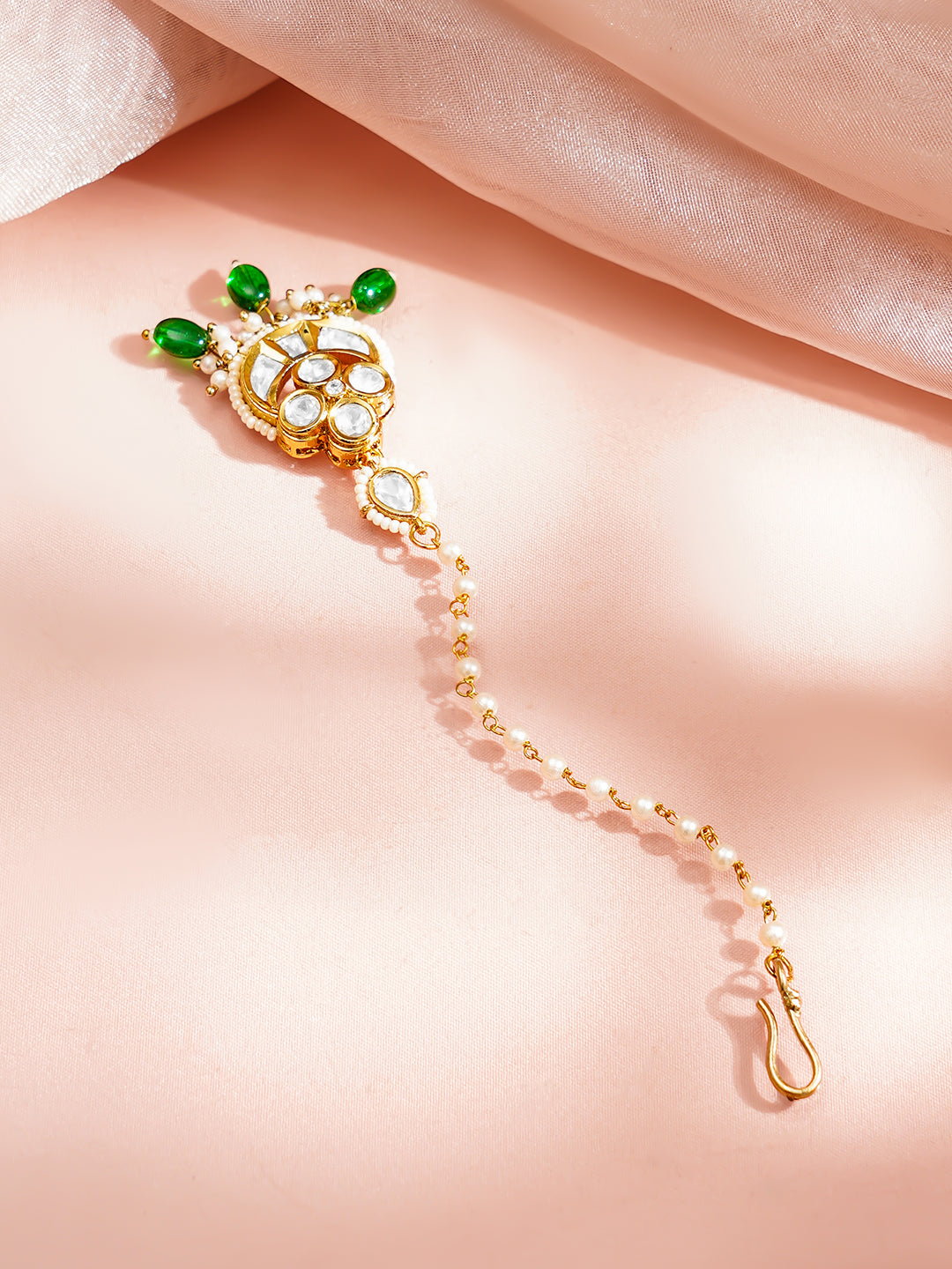 【Rubans】 Gold Plated Green Beaded Kundan Pearl Maang Tikka|ゴールドメッキ グリーンビーズ クンダン パール マーンティッカ(額飾り)