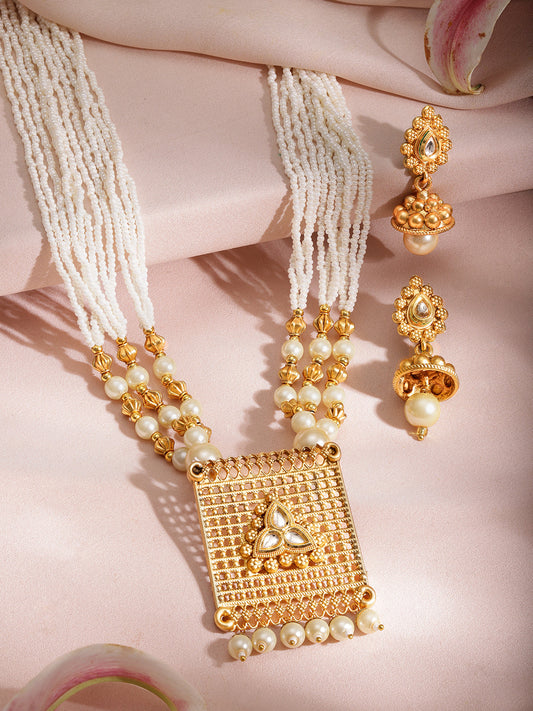 Rubans Gold Plated Pearl Statement Necklace Set Gold