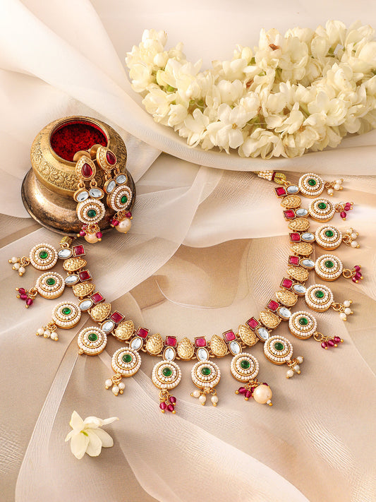 Multicolor Studded Gold Beaded Necklace Set フリーサイズ