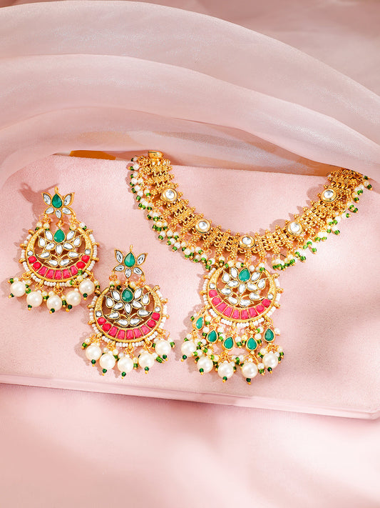 Gold-Plated Pink Green Necklace Set フリーサイズ