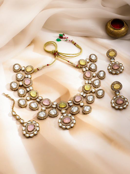 Yellow Pink Harmony Kundan Necklace Set フリーサイズ