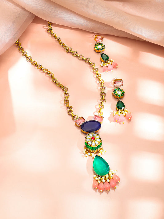 【Rubans】 Gold Plated Pearl Beaded Kundan Multicolor Necklace Set|ゴールドメッキ パールビーズ クンダン マルチカラー ネックレスセット