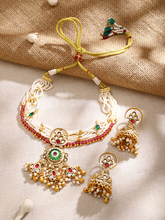 【Rubans】Gold Plated Pearl Strand Jhumka Choker Set|ゴールドメッキ パール ストランド ジュムカ チョーカーセット