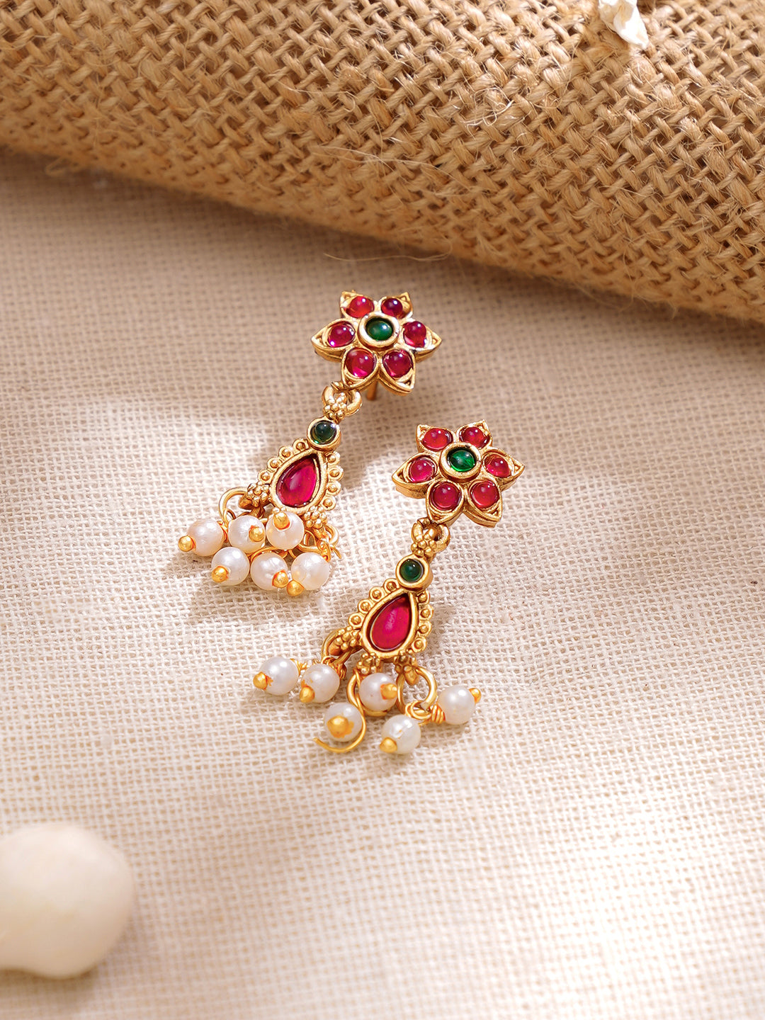 【Rubans】Gold Plated Ruby Blossom Kemp Pearl Drop Gold Choker Set|ゴールドメッキ ルビーブロッサム ケンプ パール ドロップ チョーカーセット