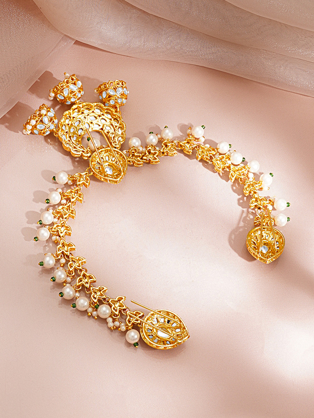【Rubans】 Gold Plated Pearl Beaded Kundan Hair Accessory|ゴールドメッキ パールビーズ クンダン ヘアアクセサリー ロング(32cm)