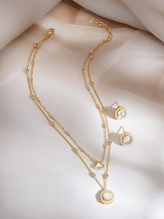 【Rubans】Gold Plated Glow Polki Double Layer Pendant Set|ゴールドメッキ グロウ ポルキ ダブルレイヤー ペンダントセット