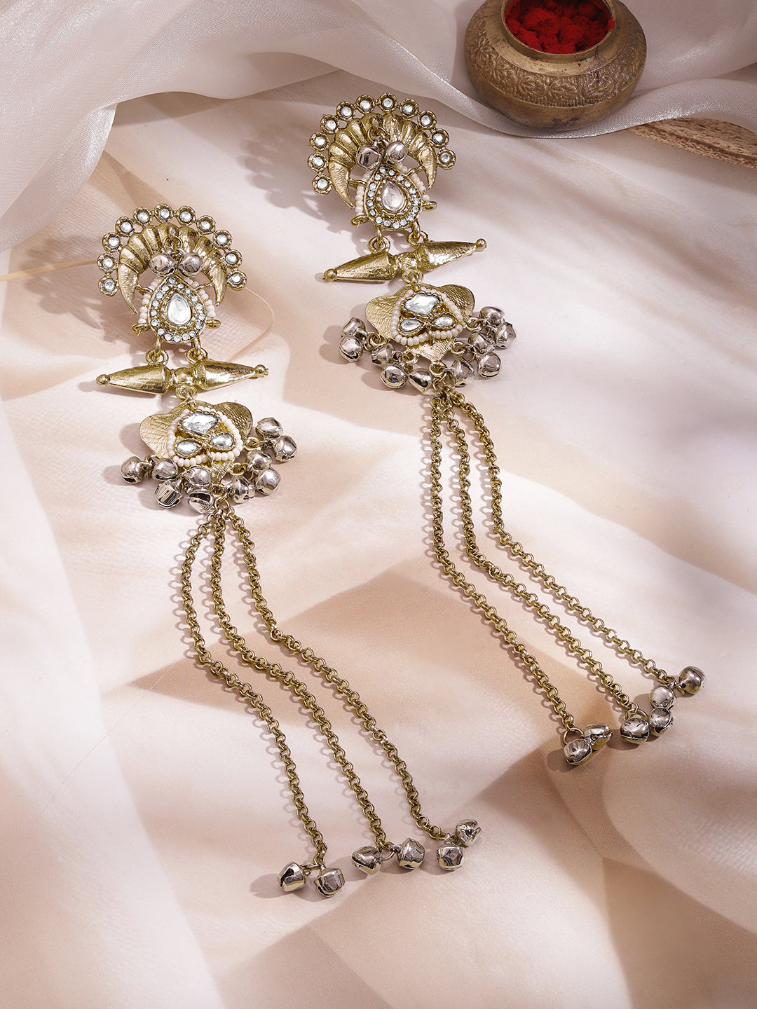 【Rubans】Gold Plated Kundan Pearl Long Tassel Earrings|ゴールドメッキ クンダン パール ロング タッセルピアス