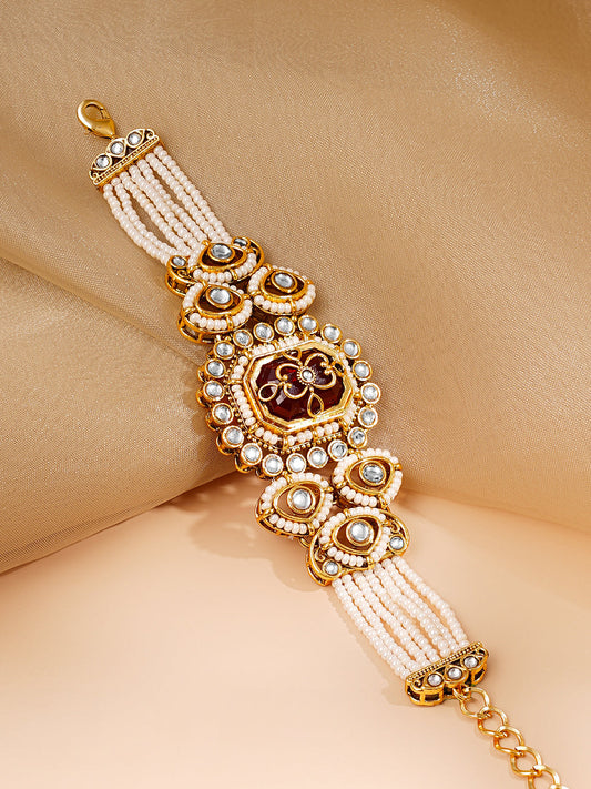 【Rubans】 Gold Plated Pearl Beaded Multi Strand Kundan Ruby Centered Bracelet|ゴールドメッキ パールビーズ マルチストランド クンダン ルビーセンター ブレスレット