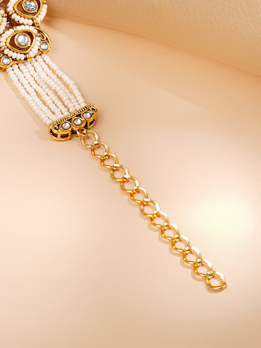 【Rubans】 Gold Plated Pearl Beaded Multi Strand Kundan Ruby Centered Bracelet|ゴールドメッキ パールビーズ マルチストランド クンダン ルビーセンター ブレスレット