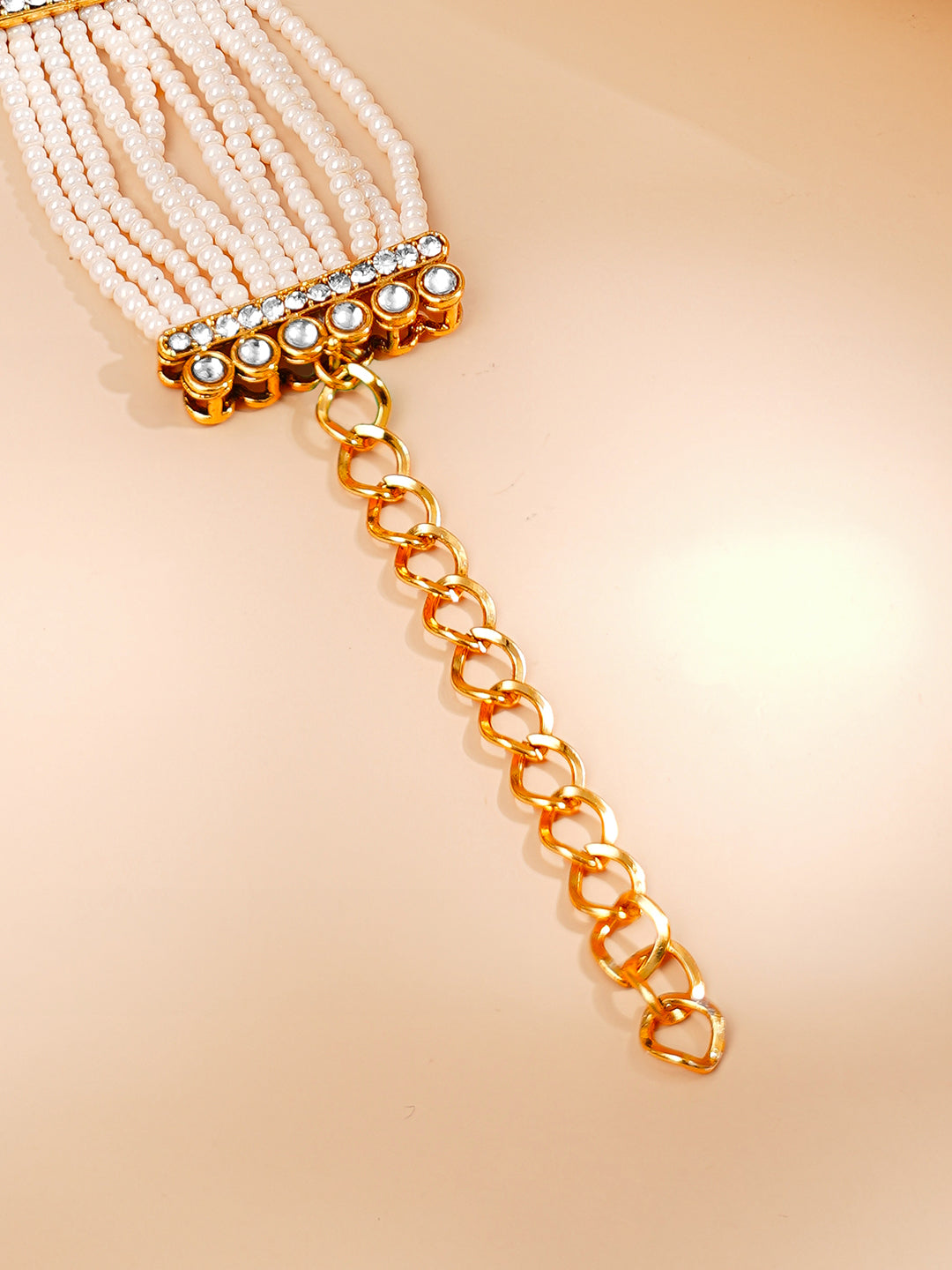 【Rubans】 Gold Plated Pearl Beaded Multi Strand Kundan Bracelet (Width 3.2 cm)|ゴールドメッキ パールビーズ マルチストランド クンダン ブレスレット(幅 3.2 cm)