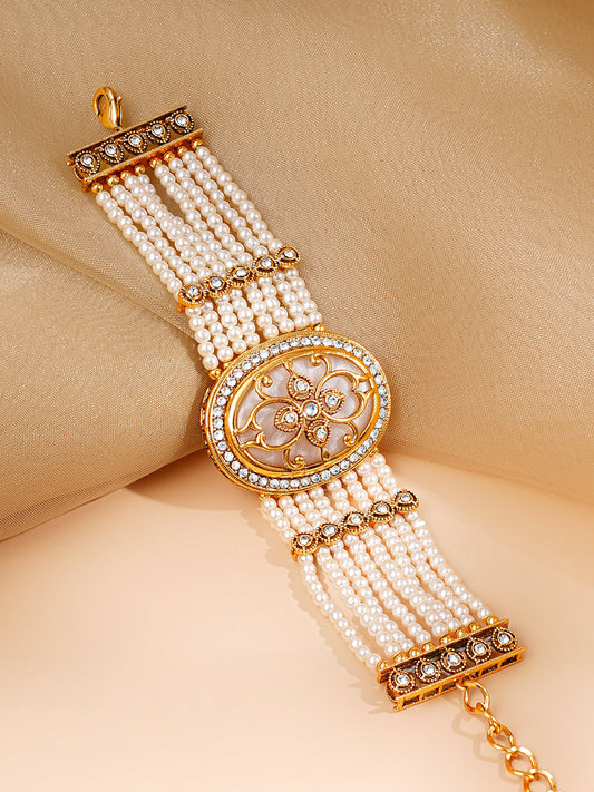 【Rubans】 Gold Plated Pearl Beaded Multi Strand Kundan Bracelet (Width 3.6 cm)|ゴールドメッキ パールビーズ マルチストランド クンダン ブレスレット(幅 3.6 cm)