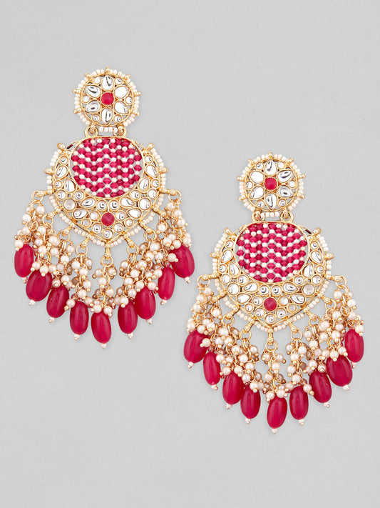 【Rubans】 Gold Plated Chandbali Earrings with Pink and White Beads|ゴールドメッキ チャンドバリ イヤリング ピンク&ホワイトビーズ