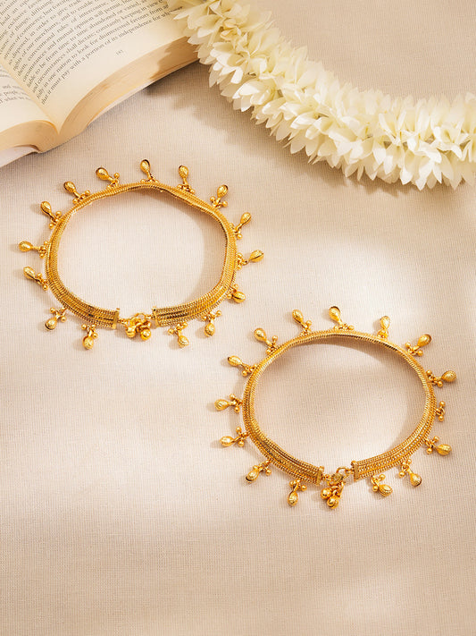 【Rubans】 Set of 2 Gold Plated Drop Charm Anklets|ゴールドメッキ ドロップチャーム アンクレット 2 本セット