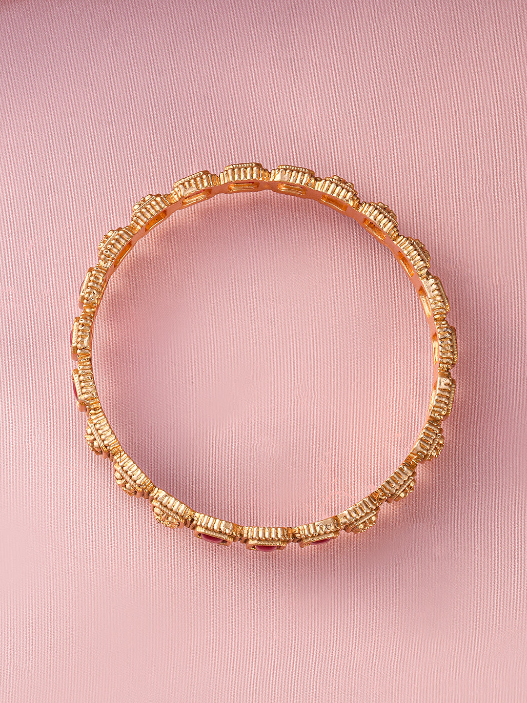 Rubans Set of 2, 22K Gold-Plated Ruby Pink Stone & Filigree Design Traditional Bangles 2.6 - Medium