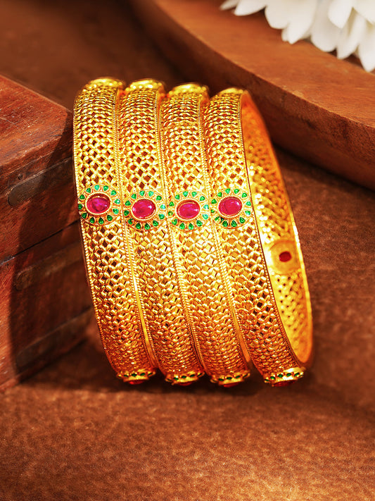 Festive Gold Plated Ruby Detail Bangles 2.6 - Medium